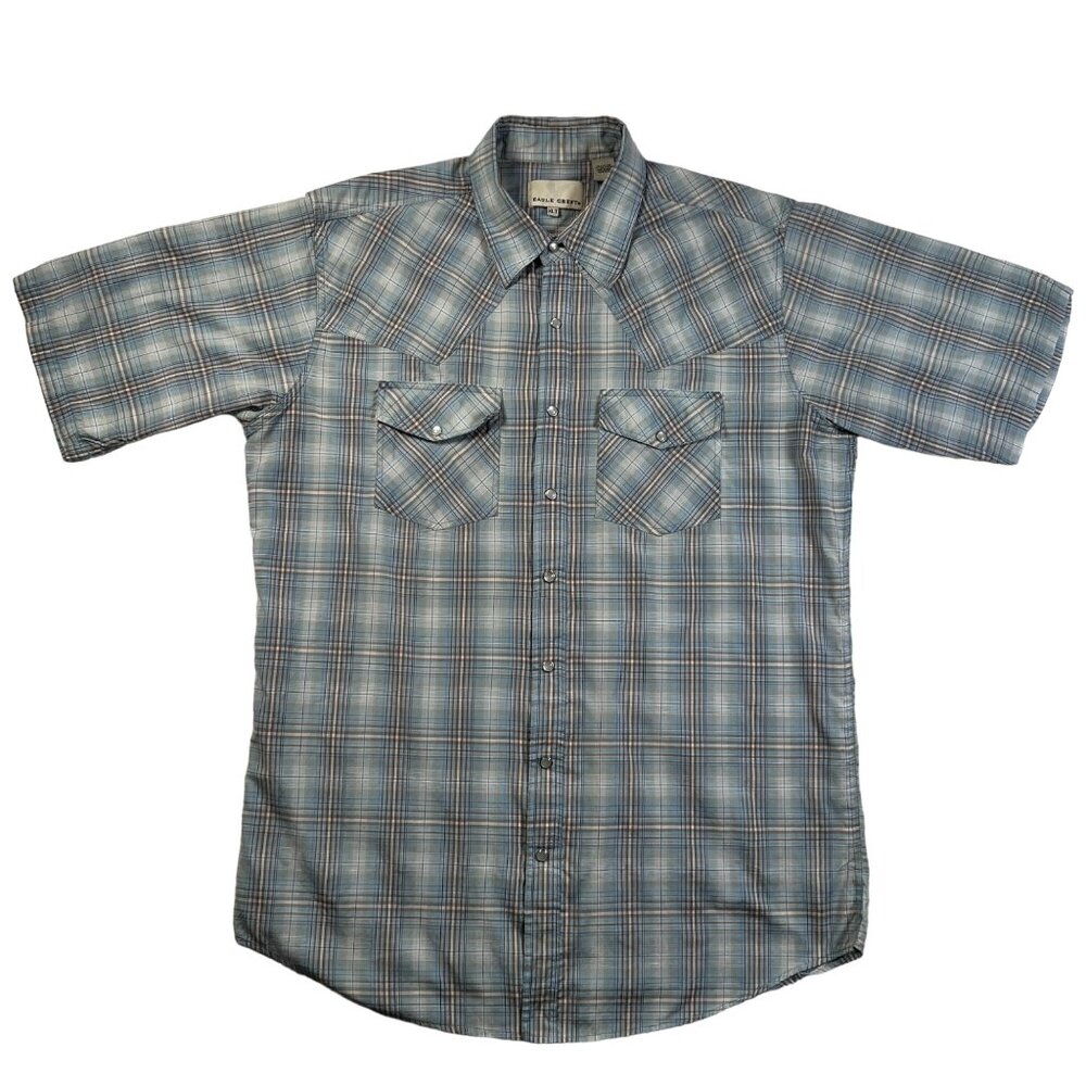 Eagle Crest Shirt Men's Plaid Short Sleeve Pearl Snap Up Blue Brown White XLT